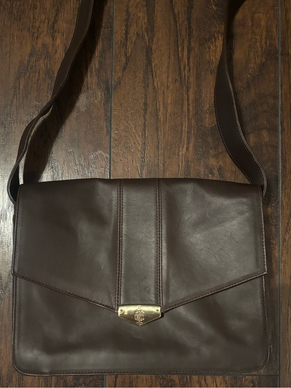 Mark Cross Structured Dark Brown Leather Messenger Bag with Gold Accents